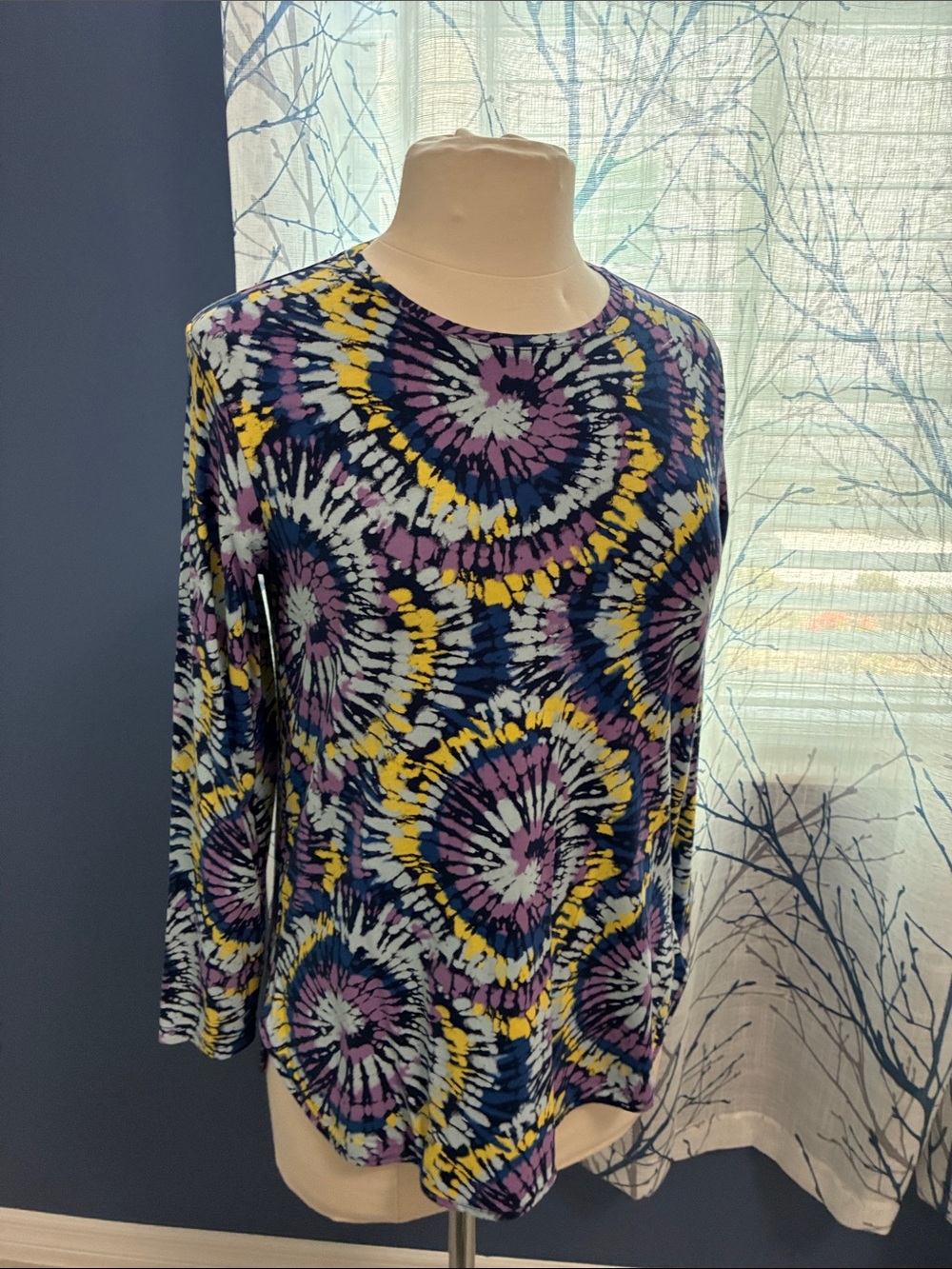 Lands’ End Long Sleeve Tie-Dye Print Top in Navy, Yellow & Purple